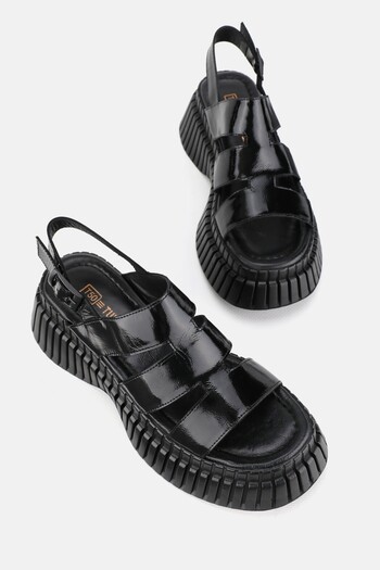 TUNAELLİ Black Patent Leather Genuine Natural Leather Women's Sandals - Size 36-41