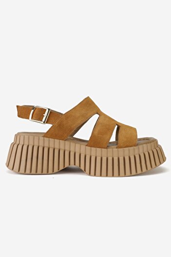 TUNAELLİ Tan Suede Women's Sandals - Genuine Natural Leather, Size 36-41