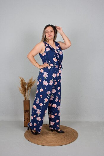 Truva XXL Large Size Floral Patterned Loose Leg Jumpsuit Navy Blue Tlm192