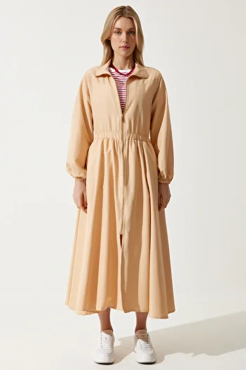 Happiness İstanbul Women's Cream Zipper Seasonal Woven Dress Trench Coat DD01298