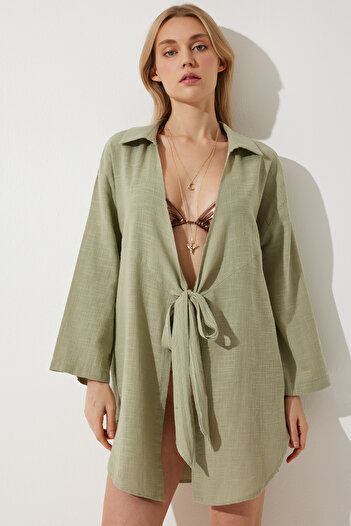Happiness İstanbul Dámské otevřené khaki zavazovací kimono GP00001