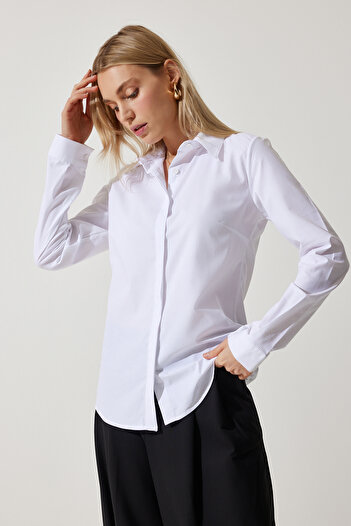 Happiness İstanbul Női, fehér karcsú lycra poplin irodai ing DY00003