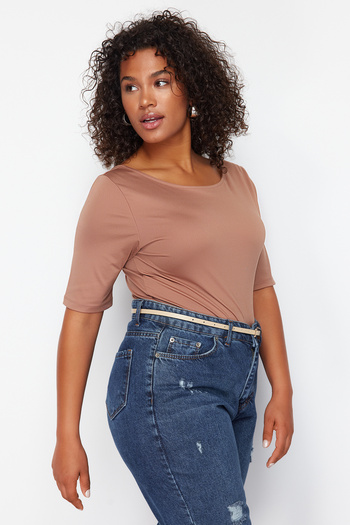 Trendyol Curve Mink More Sustainable - 100% βαμβακερή πλεκτή μπλούζα TBBSS24AF00088
