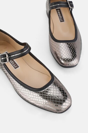 TUNAELLİ Black Nickel Leather Women's Ballerinas - Number 34-35-41-42 with Ankle Strap