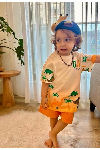 Uğur bebe Boy's Dinosaur Patterned 100% Cotton Ecru Orange Shorts Set - G.A.P