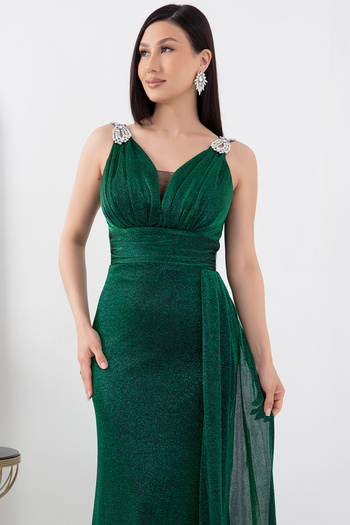 PULLIMM Glitter Detailed Shoulder Stone Evening Dress - 39844