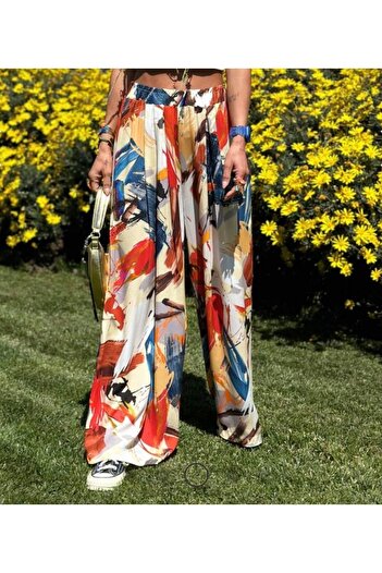 NFS BUTİK Viscose Fabric - Brush Patterned, Rubber Waist, Wide Leg Trousers