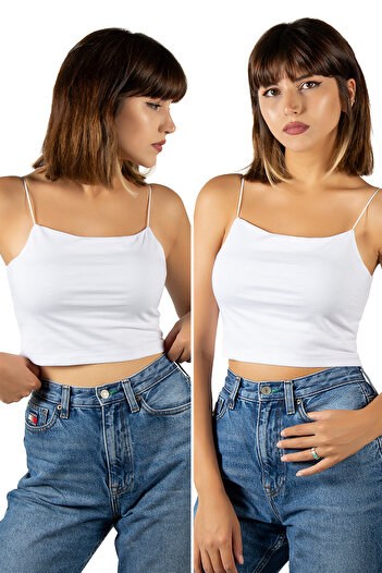ADEGO Pack of 2 - White Cotton Crop Top and Bustier Blouse Undershirt