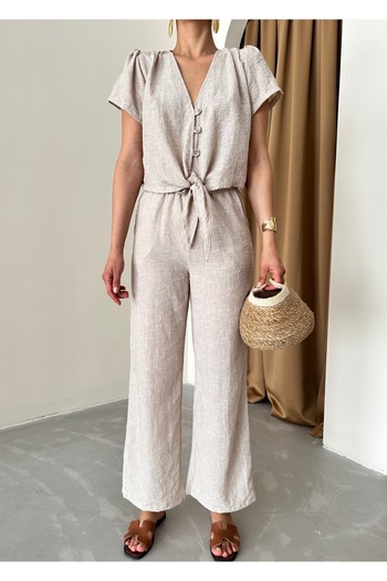 Laluvia Beige V Neck Tie-Up Short Sleeve Shirt Pants Set