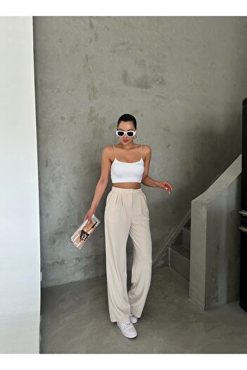 Laluvia Stone Color Buttoned Pile Detailed Palazzo Trousers