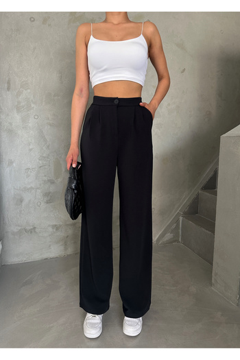 Laluvia Black Buttoned Pile Detailed Palazzo Trousers