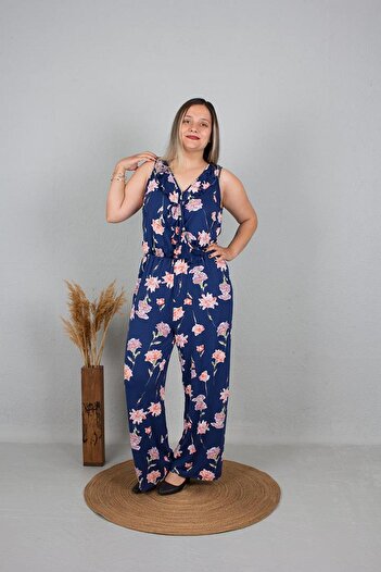 Truva XXL Large Size Floral Patterned Loose Leg Jumpsuit Navy Blue Tlm192
