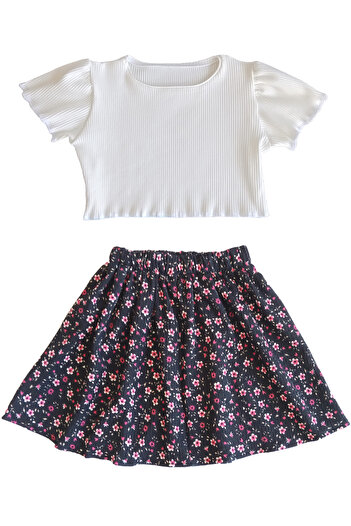 MODA59 Girl's Crop and Skirt Set Cotton Ribbed Ecru Color Crop Black Wrinkled Floral Skirt