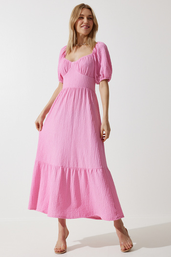 Happiness İstanbul Rochie tricotată de vară cu guler de inimă roz pentru femei UB00050