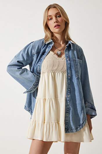 Happiness İstanbul Women's Medium Blue Oversize Denim Jacket RV00186