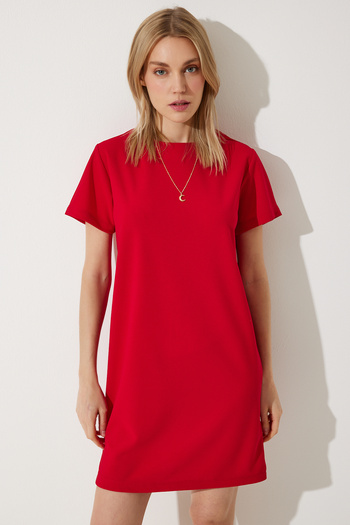 Happiness İstanbul Women's Red Crew Neck Basic Crepe Dress TO00136