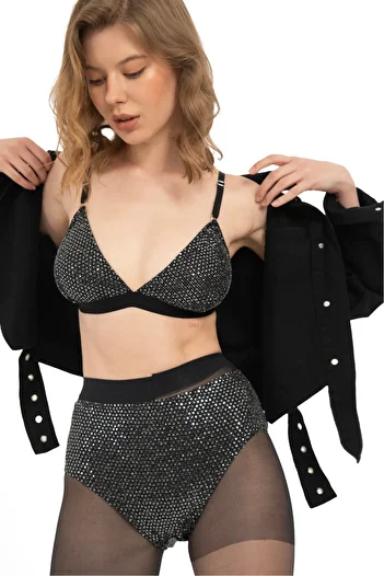 NUİTAMORE Nuitamore Silver Colored Sequin Embroidered Elegant Bra Set