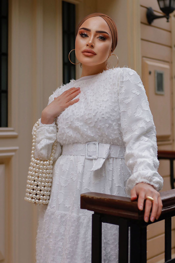 benguen 1389-1 Cutout Chiffon Dress with Belt White