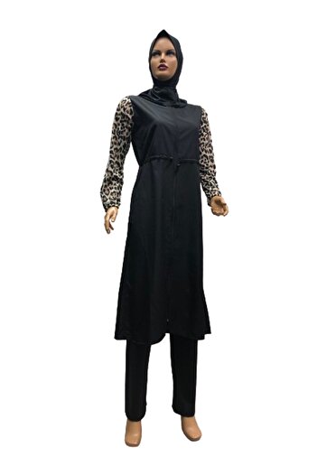 eflin Plus Size Full Covered Leopard Print Hijab Swimsuit - Black, Coffee, Cream