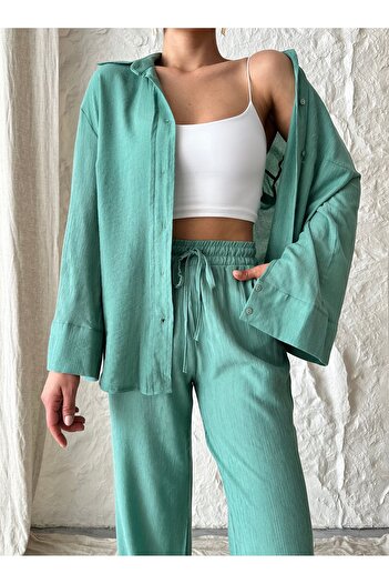 Laluvia Mint Textured Shirt Pants Set