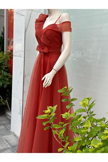 Saygın 366 Respected Belted Tulle Long Evening Dress