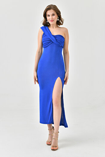 vuvutasarım Full Lycra Buzzy Fabric Slit Detailed One Shoulder Midi Length Summer Saks Blue Dress 1050