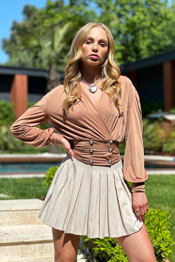Trend Alaçatı Stili Dámský sušenkový dvouřadý límec princezna s rukávem zlatý knoflík detailně oříznutá halenka ALC-X9815