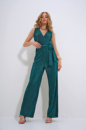Trend Alaçatı Stili Green Double-breasted Collar and Belt Waist Women's Jumpsuit - Chest Low-cut, Pleated ALC-X12193