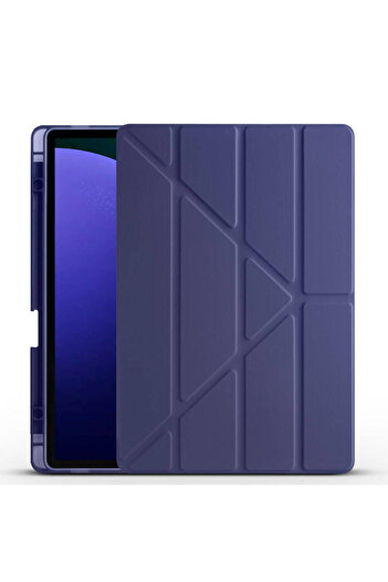 Alan Tech Galaxy Tab S9 FE Plus Tri Folding Stand with Pen and Compartment - Navy Blue