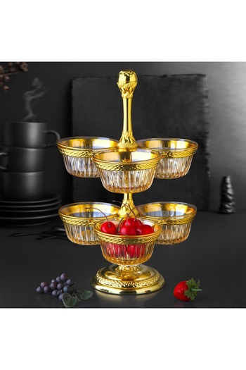 MOS'EV Stylish Serving Presentation with Elegant Metal Design, 6 Compartment Two Tier Glass Snack Bowl