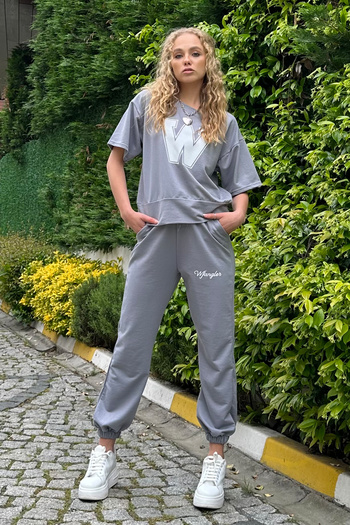 Trend Alaçatı Stili Women's Painted Gray Printed T-Shirt And High Waist Jogging Suit ALC-X12203