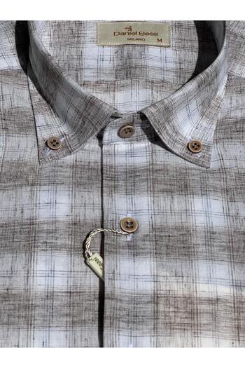 Daniel Bessi Men's Cotton Shirt - Plaid Pattern, Button Collar, Classic Fit, Pocket, Short Sleeve