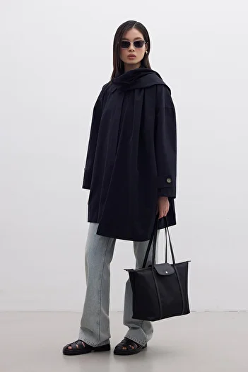 Manuka Black Oversize Trench Coat - Stockholm Shawl Detailed