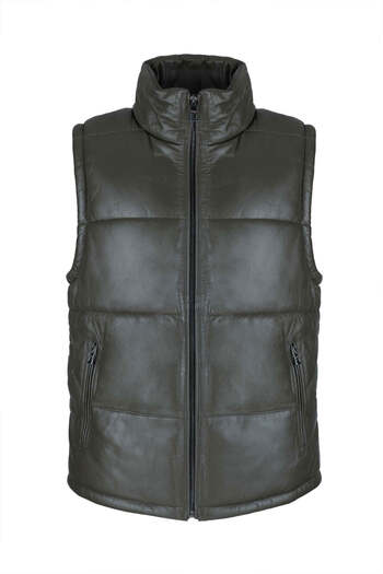 Tamer Tanca Men's Genuine Leather Green Vest Leather Coat