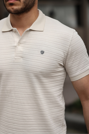 COMBİNE MİCHAİL Beige Slim Fit Polo Neck Men's T-Shirt - Non-Drawing Cotton Fabric
