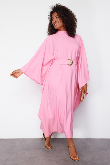 Trendyol Curve Long Pink Woven Dress - With Belt, Plus Size TBBSS24AH00177