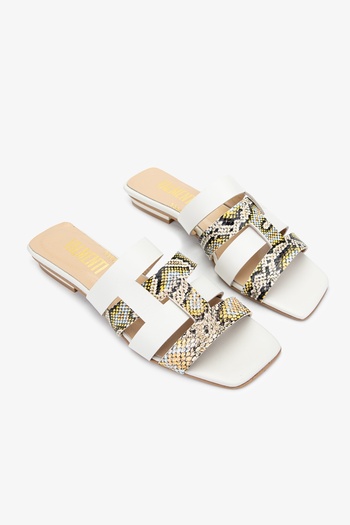 Valmenti Zentara Women's Beige Snake Genuine Leather Flat Slippers