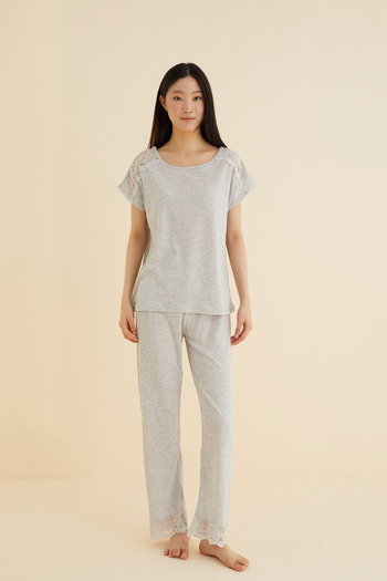 Siyah İnci gray Lace Detailed Soft Touch Slim Knitted Pajamas Set
