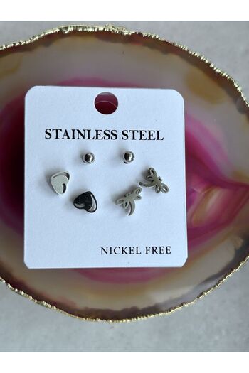 axexuar Real Steel Silver Color 3-Piece Earrings Heart Butterfly Ball Earrings Stainless Tarnish