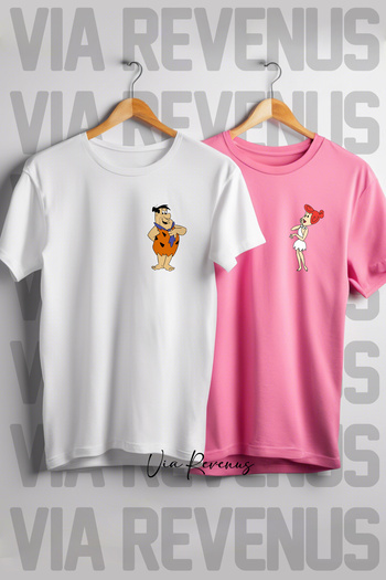 Vordevia Μπλουζάκι Vilma and Fred Pink and White Lover Flintstone με στάμπα