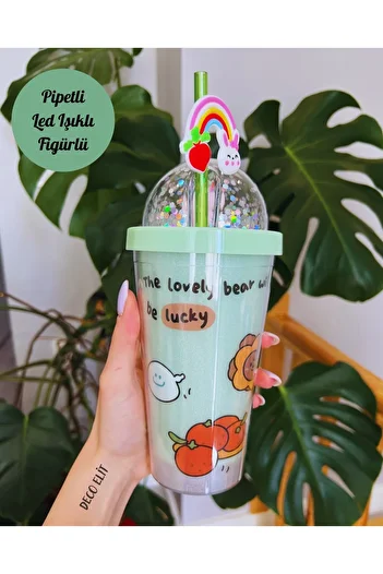 Deco Elit Double Layer Mica Water Bottle with Led Light and Drinking Straw - Party 2092 Yşl