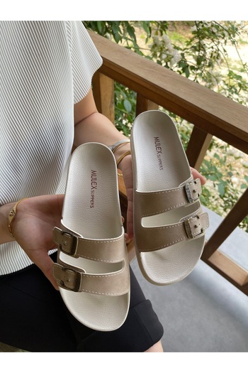 Hızlı Al Extra Comfortable Double Buckle Soft Sole Daily BEIGE CREAM Slippers