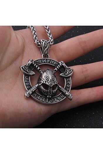 Viking Gladiator Helmet and Axe Warrior Nordic Design 316L Steel Necklace