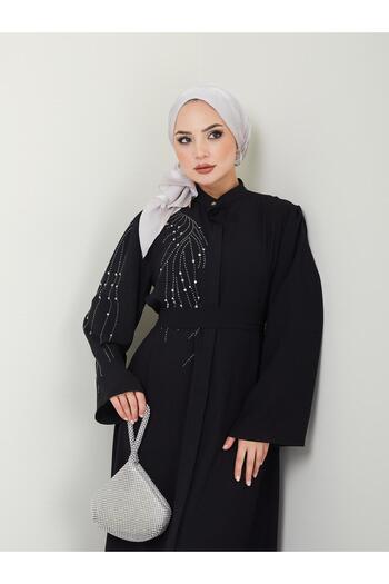 MODAMERSİ Black Stone Detailed Women's Abaya Ferace