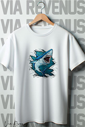 Vordevia Λευκό μπλουζάκι Oversize - Shark Printed, Crew Neck