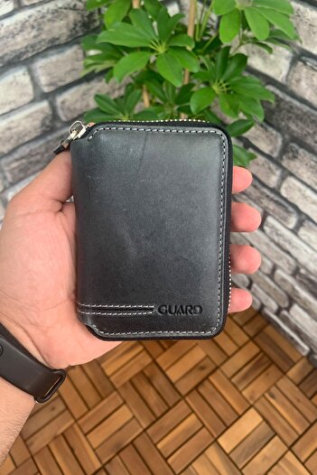 GUARD Mini Fermuarlı Antik Siyah Deri Cüzdan