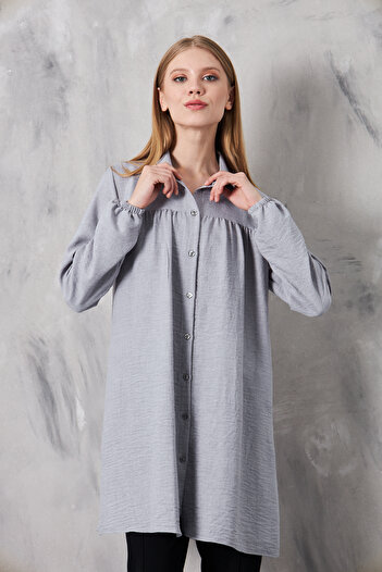 Giyim Gezegeni Women's Imported Linen Tunic Shirt with Gathered Front and Elastic Sleeves
