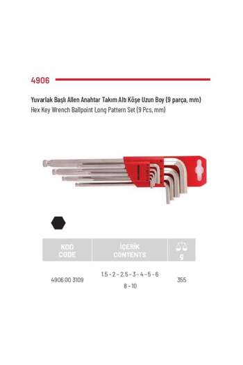 İzeltaş 9 Piece Long Allen Key Set - Round Head, Allen Set 4906 00 3109