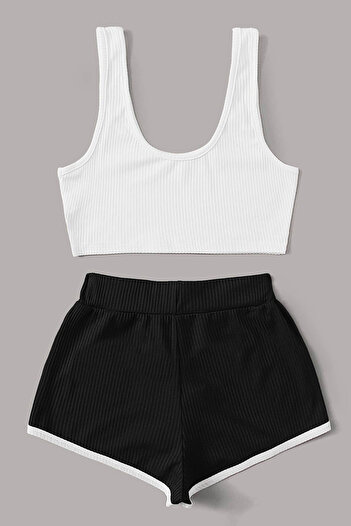 Imoda Women's White Cropped Nightgown Set with Black Shorts