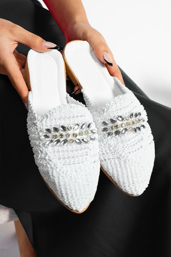 Fogs White Stoned Straw Women's Slippers - Daily Sandals